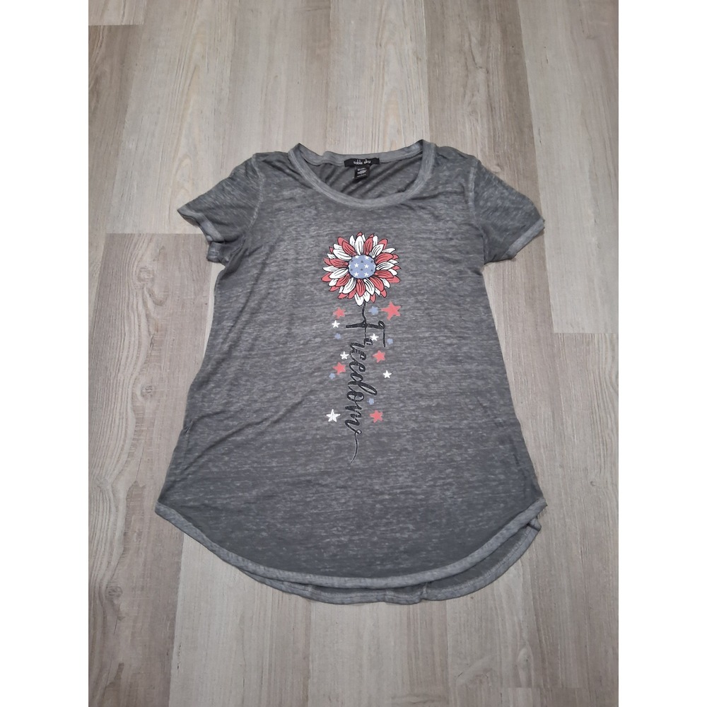 Sable Sky Womens Freedom Sunflower Graphic Tee Grey Burnout Shirt Large‎